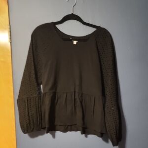 Time and Tru Black Peplum Blouse with Eyelet Sleeves